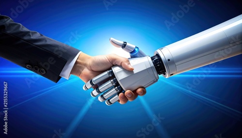 Human and robot shaking hands representing artificial intelligence partnership and technology