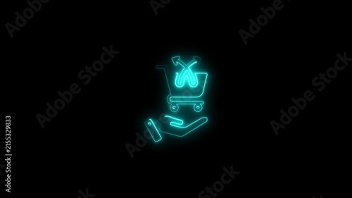 Neon glowing shopping cart with hand animation for e-commerce and digital marketing