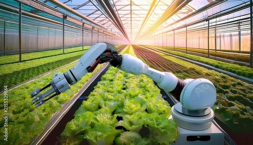 Robotic arms harvesting lettuce in a modern hydroponic greenhouse