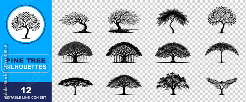 A diverse compilation of twelve intricately designed black tree silhouettes showcasing a variety of forms and detailed foliage against a clear transparent backdrop