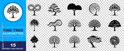Collection of diverse tree silhouettes and botanical icons ideal for nature themed designs and environmental illustrations