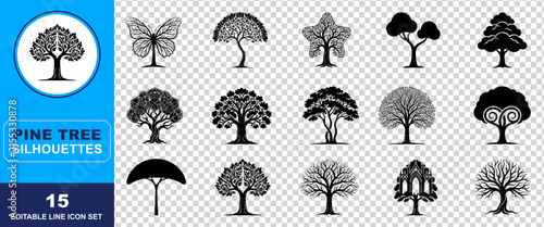 A versatile collection of black tree silhouettes and icons presented on a transparent background ideal for various graphic design and digital art projects