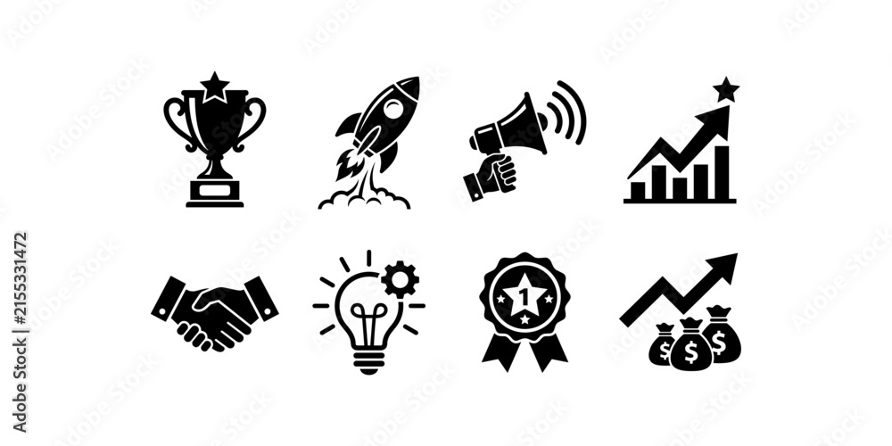 Fototapeta premium Business startup success vector icon set featuring trophy rocket launch handshake idea bulb and growth charts