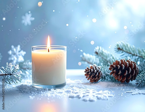 A lit candle sits on a surface covered in snow with pine branches and pinecones nearby.