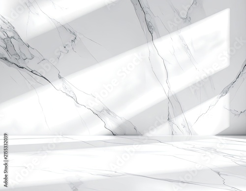 A minimalist white marble studio with natural light and shadows.