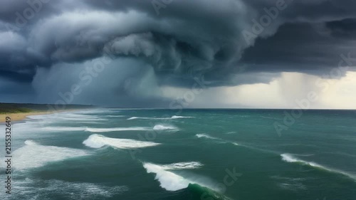 Dark storm clouds loom over a turquoise ocean with white waves crashing during a tempest.