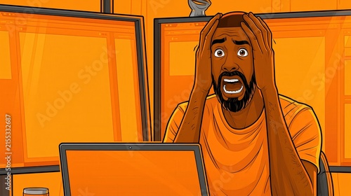 Man experiencing extreme stress and shock while looking at computer screens.