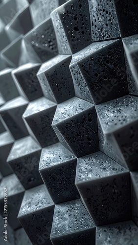 A close-up, abstract view of a repeating geometric pattern with a textured, dark gray surface.