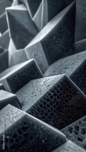 Abstract geometric shapes with textured surfaces and a monochromatic color scheme.