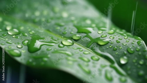 Clear water droplets rest on the vibrant green surface of a large tropical leaf.