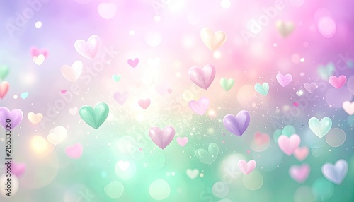 A whimsical backdrop of pastel-colored hearts floating against a soft, bokeh-filled gradient.
