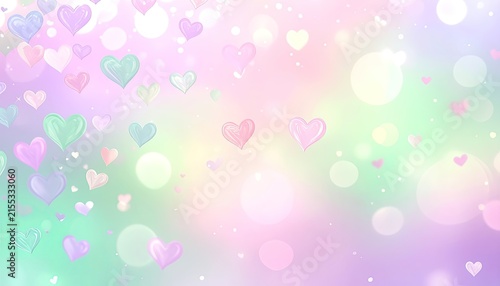 A dreamy background illustration featuring pastel hearts and bokeh lights.