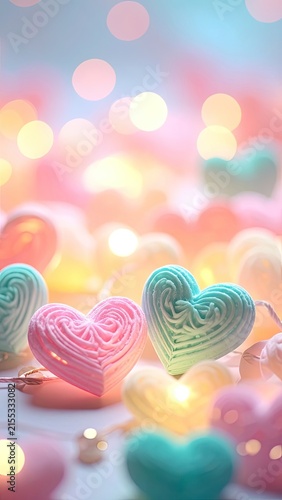 A collection of heart-shaped candies illuminated by soft bokeh lights