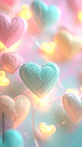 A whimsical collection of pastel heart-shaped ornaments intertwined with fairy lights.
