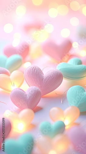 Softly illuminated heart shapes in pastel colors create a romantic and dreamy atmosphere.