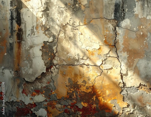 A close-up view of a distressed and peeling wall shows layers of texture and color.