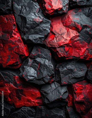 A close-up view of dark, rugged rocks with striking red accents.