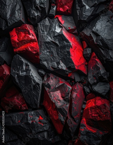 A striking close-up of jagged black and red rocks.