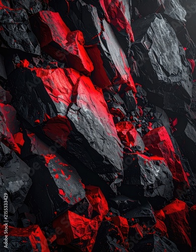 A close-up view of jagged black rocks illuminated with vibrant red light.