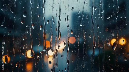 Raindrops trickle down a windowpane with blurred city lights glowing in the background.