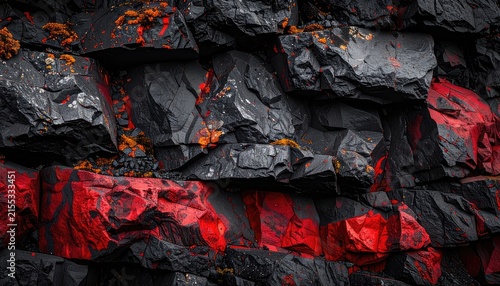 Dramatic close-up of dark volcanic rock formations with striking red and orange accents.