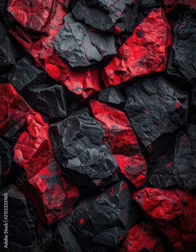A macro shot showcases a striking pattern of red and black rocks.