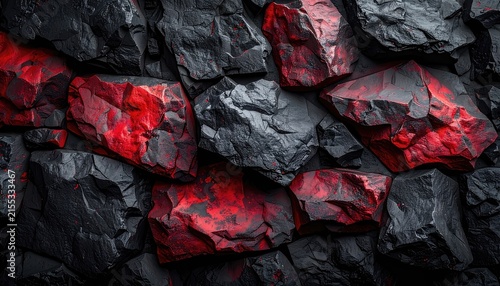 A close-up view of rough, jagged stones in black and red.