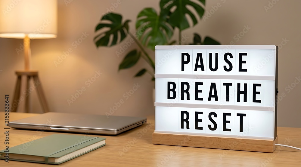 Naklejka premium Minimalist lightbox displays positive quote pause breathe reset with wooden base on office desk near laptop and notebook to promote mindfulness and wellness habits.