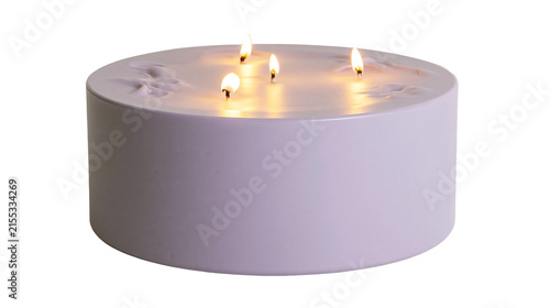 Canvastavla Large cylindrical lavender candle with four burning wicks, isolated on transpare