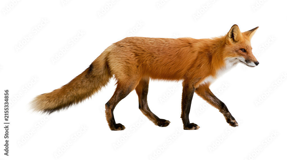 Photography Poster Red fox walking with bushy tail, isolated on