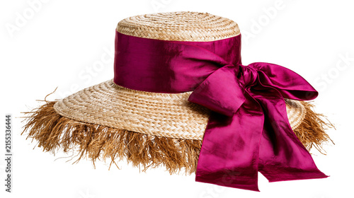 Obraz na plátně Straw boater hat with magenta ribbon and bow frayed brim, isolated on transparen