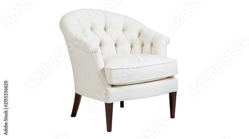 Canvas Print Tufted cream armchair with dark wooden legs, isolated on transparent background