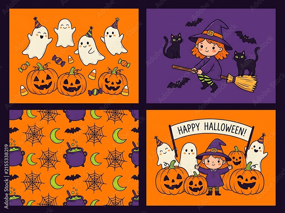 Fototapeta premium Halloween Graphic Illustration Set with Cute Witch and Ghost Pattern