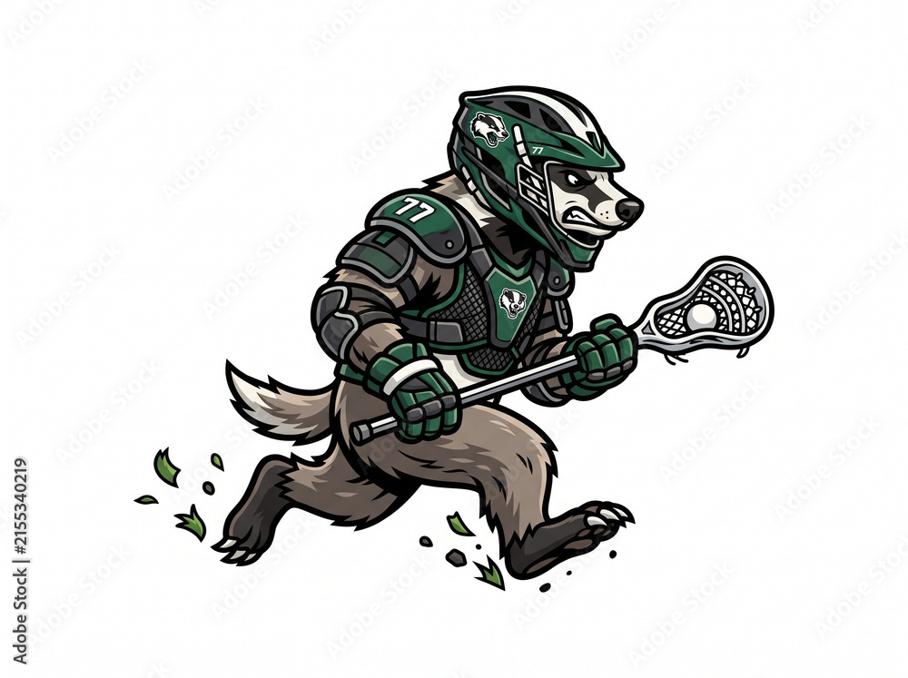 Fototapeta premium Fierce Anthropomorphic Badger Lacrosse Player Running with the Ball