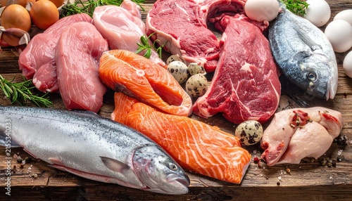 Assorted Raw Protein Sources with Beef Steak Salmon Fillet Whole Fish Chicken and Eggs on Wood Surface