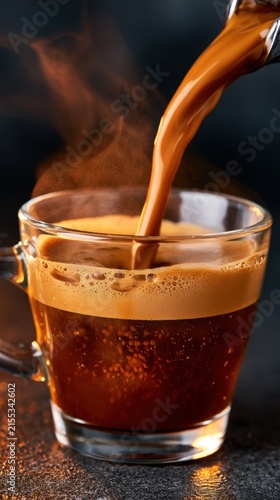 Hot coffee is being poured into a clear glass cup with steam rising in a cozy setting. National Coffee Day and World’s Biggest Coffee Morning