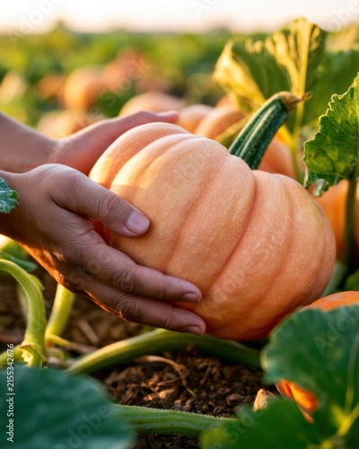 Hands holding a pumpkin in a pumpkin patch during harvest season. Organic September