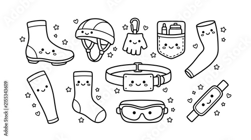 Cute outdoor gear doodle collection with smiley faces on white background