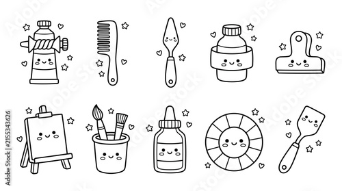 Cute painter and studio equipment doodle set.