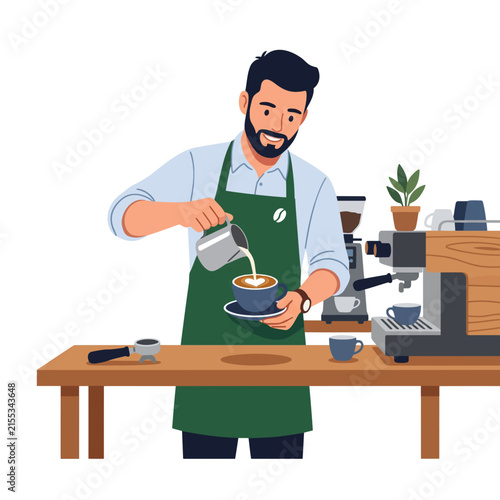 Barista Preparing Coffee with Espresso Machine at Cafe Flat Vector Illustration