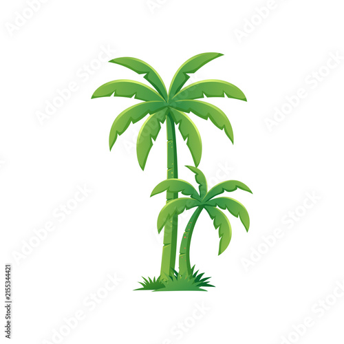 Two Green Palm Trees with Curved Trunks on White
