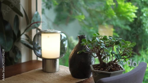 Relaxing corner in the coffee shop and a quiet workspace, decorated with small plants and warm-toned lamps on the tables.