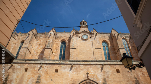 Historic Stone Archway and Cathedral in Old Town Square, Ciutadella,Menorca,Spain