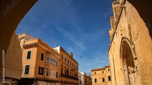 Historic Stone Archway and Cathedral in Old Town Square, Ciutadella,Menorca,Spain