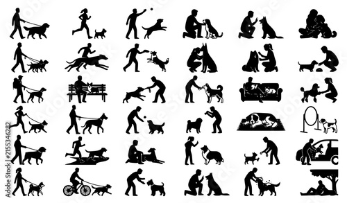 Black Dog and Human Activity Silhouette Icon Set Vector