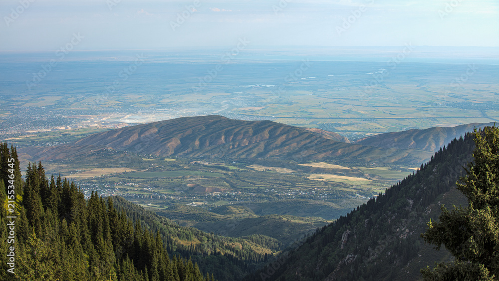 Fototapeta premium Landscape Kazachstan, NATURE, mountain, green, trees, clubs, blue, snow, fog, sky , peak, 