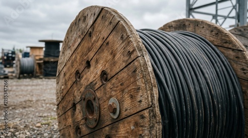 Large wooden cable reel with heavy duty black electrical wire at a construction site.