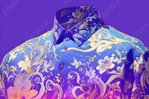 Floral patterned shirt in vibrant colors, showcasing a unique and artistic design with a purple background.