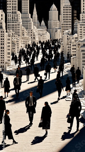 Crowd of people walking in a city with many tall buildings during the day