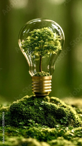 Tree growing inside a light bulb stands on green moss in a forest setting